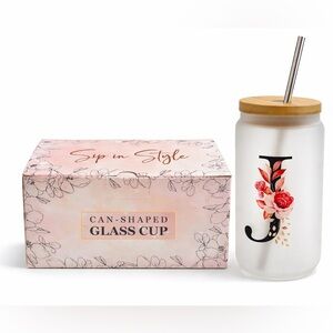 Can-Shaped Glass Cup - J initial with flowers set